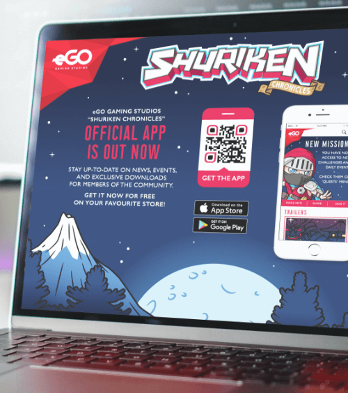 Site Internet d’une entreprise de jeux vidéos affiché sur un ordinateur portable avec un code QR pour télécharger le jeu depuis différentes boutiques d’applications.