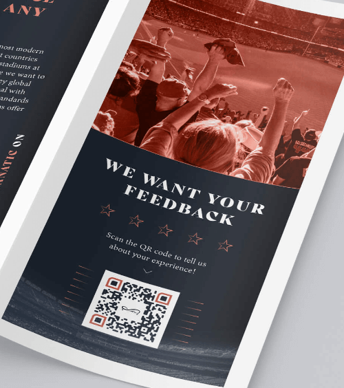 Code QR sur la brochure d’un stade invitant les participants à donner leur avis.