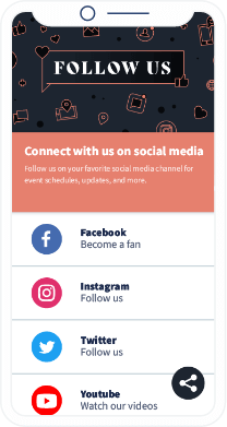 Page de destination adaptée aux appareils mobiles du code QR reliant différents réseaux sociaux.