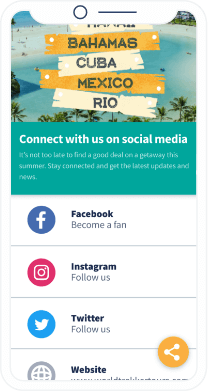 Page de destination personnalisée de World Trekker Tours avec boutons « Follow us » pour Facebook, Instagram, Twitter et adresse de son site Internet