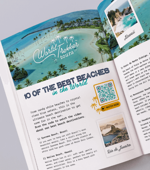 Article dans un magazine accompagné d’un code QR permettant aux lecteurs de regarder des vidéos sur les dix meilleures plages du monde