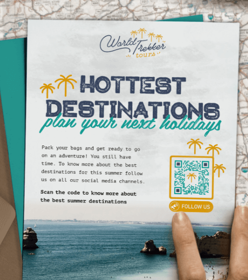 Carte postale d’une agence de voyages avec code QR incitant les clients à vous suivre sur les médias sociaux
