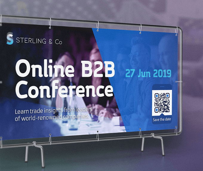 Panneau publicitaire pour une conférence sur le cybercommerce interentreprises avec code QR pour sauvegarder les détails de l’événement sur smartphone.