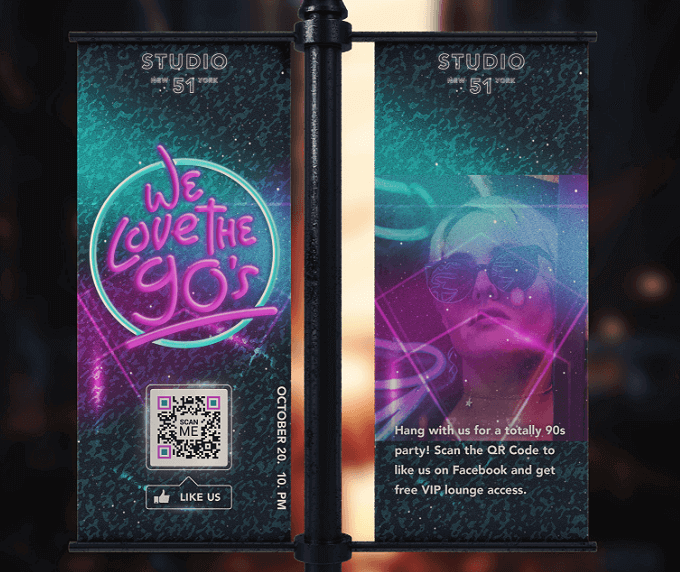 Bannière promotionnel pour l’événement d’un club avec code QR vers sa page Facebook, pour davantage de « J’aime » et d’abonnés.