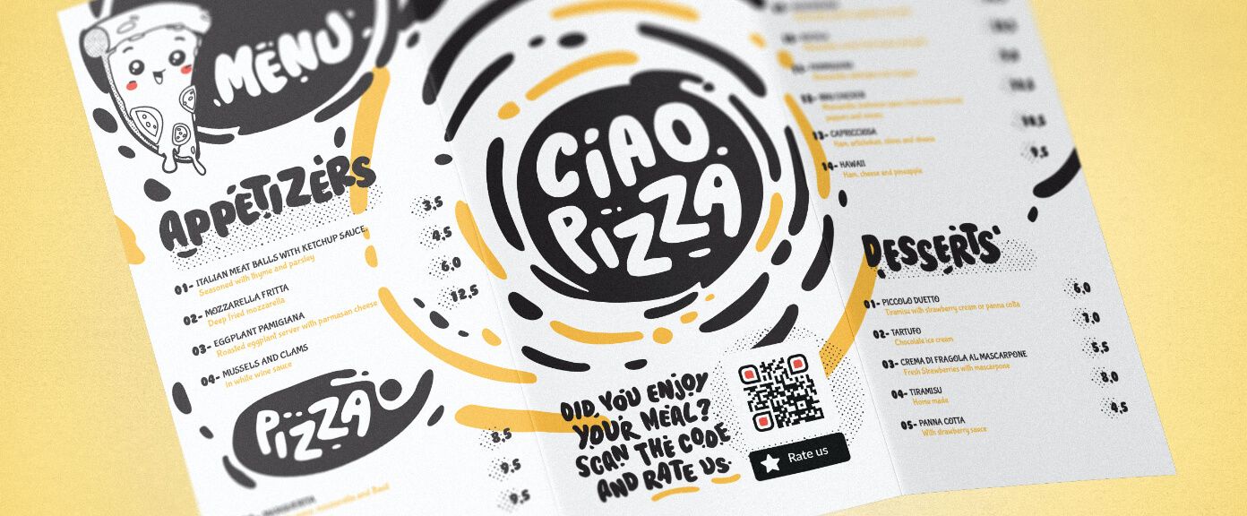 Menu à trois volets d’un restaurant avec un code QR permettant aux clients d’évaluer les mets et le service sur une échelle d’une à cinq étoiles.