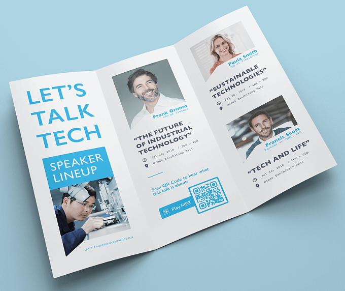 Brochure à trois volets pour une conférence avec code QR vers un balado au format MP3.