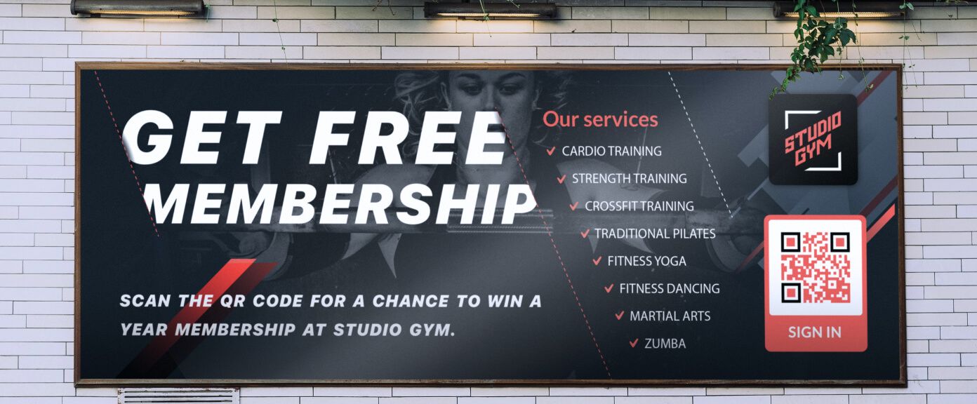 Affiche publicitaire pour une salle de sport avec code QR vers un concours pour gagner un abonnement.