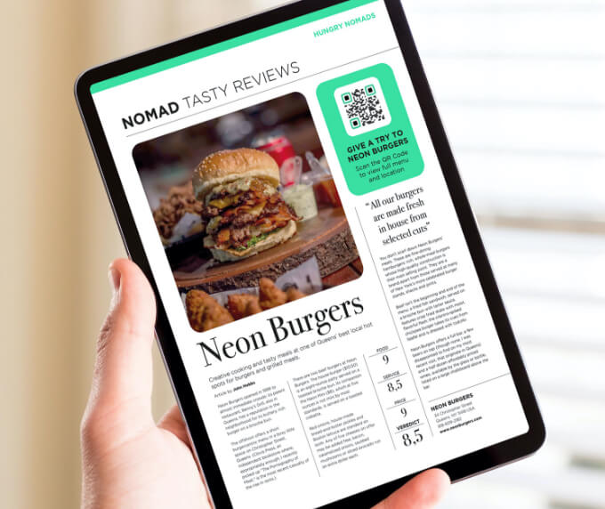 Idée de code QR sur un magazine électronique pour promouvoir le menu d’un restaurant.