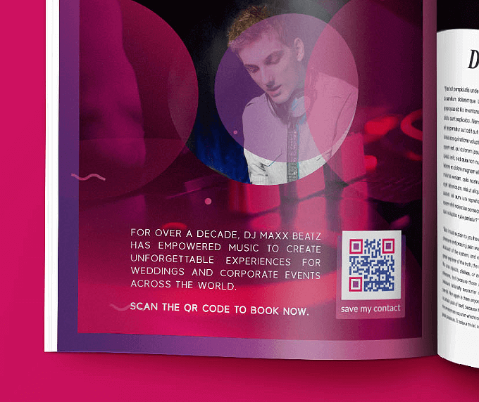 Publicité dans un magazine pour un DJ avec code QR vers ses coordonnées au format vCard.
