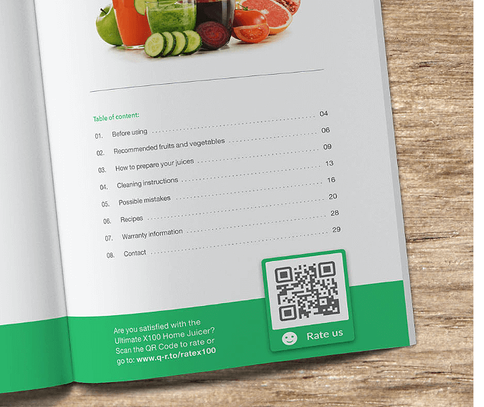 Manuel d’un produit avec code QR permettant aux consommateurs d’évaluer le produit sur une échelle de cinq étoiles.