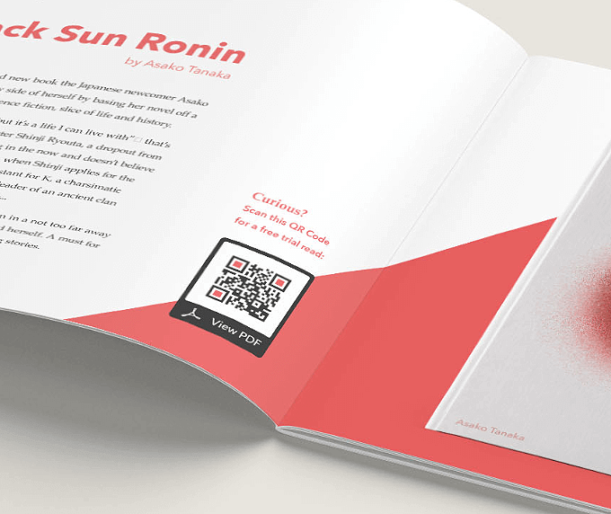Publicité dans un magazine pour un nouveau livre avec un code QR vers des extraits gratuits du livre au format PDF.
