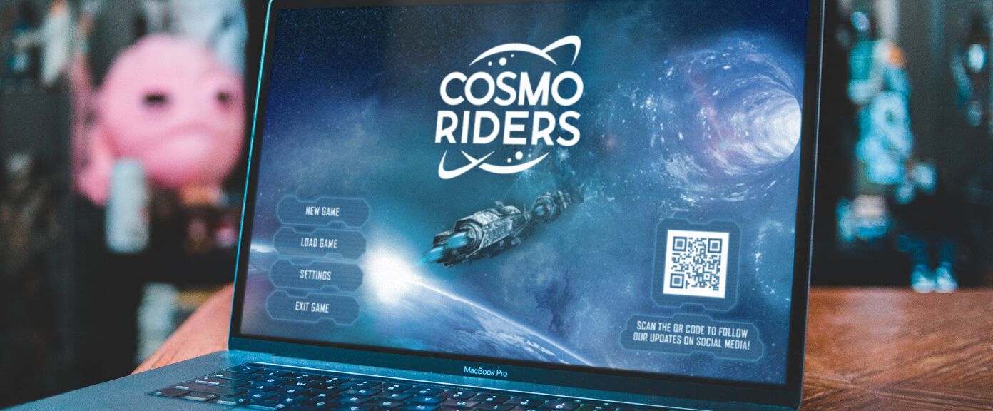 Écran d’accueil du jeu Cosmo Rider avec un code QR invitant les joueurs à suivre les nouveautés sur les médias sociaux.