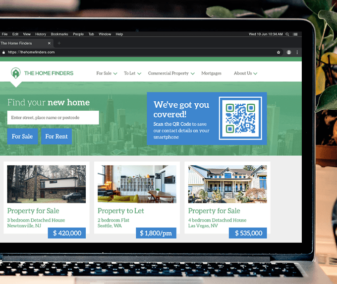 Idée de code QR sur une bannière Web pour promouvoir les coordonnées d’un agent immobilier