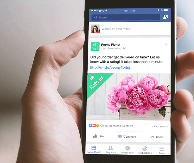 Message sur Facebook encourageant les clients à donner leur avis en cliquant sur une URL simplifiée générée à partir d’un code QR.