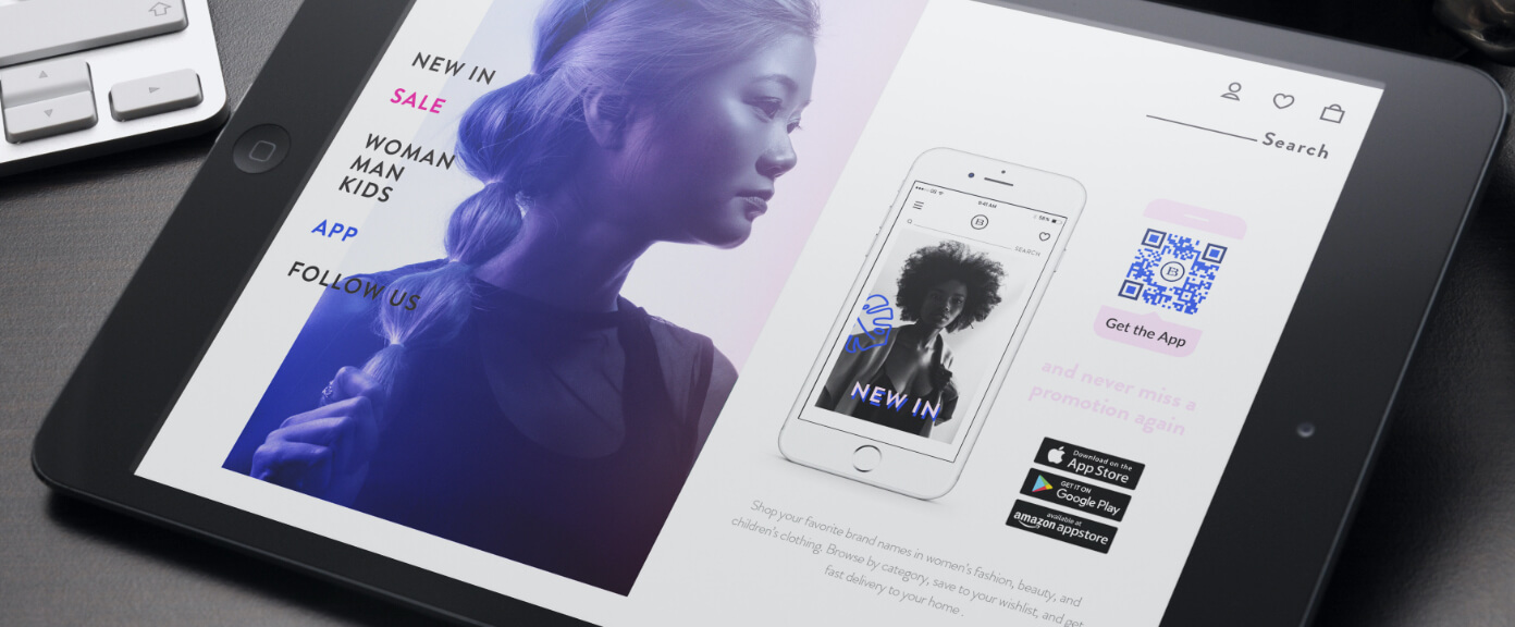 Tablette d’un magasin de prêt-à-porter vers une appli mode à télécharger sur l’App Store d’Apple, le Play Store de Google et l’Appstore d’Amazon.