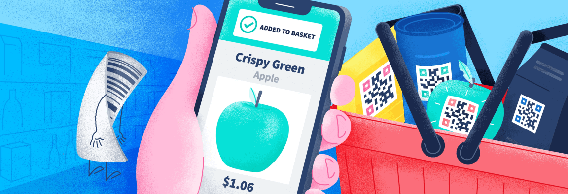 Main tenant un smartphone scannant des codes-barres 2D sur des produits alimentaires dans un panier de courses.