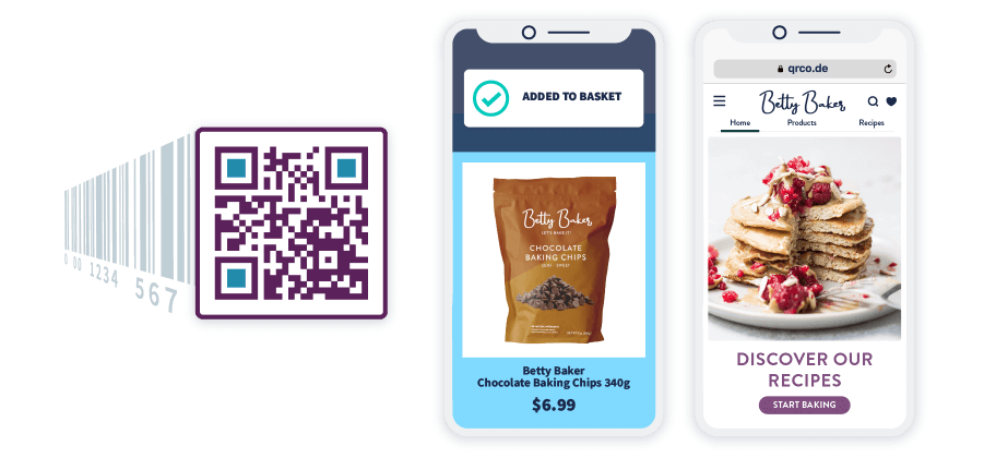 Code-barres qui se transforme en code QR à côté de deux smartphones présentant les possibilités qu’offrent le code-barres 2D.