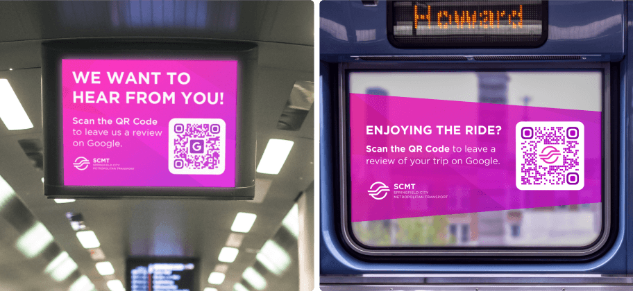 Une affiche numérique dans les transports en commun avec un code QR permettant aux usagers et aux usagères de donner leur avis sur Google.