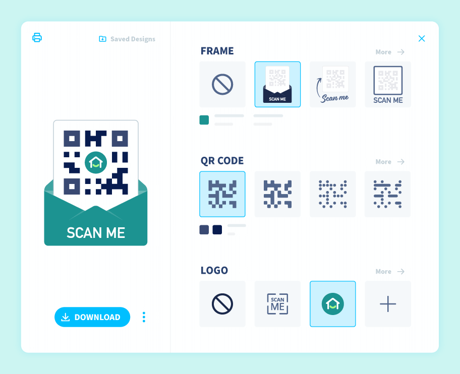 Le menu de QR Code Generator permet au public de personnaliser son code QR avec des cadres, des motifs et un logo.