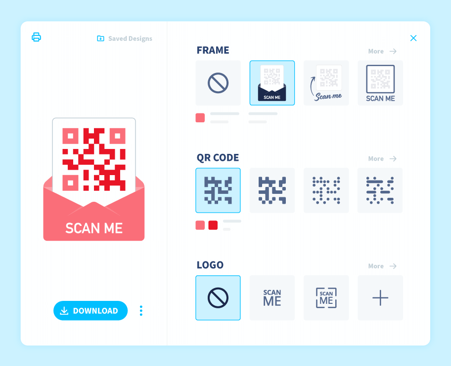 Le menu de QR Code Generator permet au public de personnaliser son code QR avec des cadres, des motifs et un logo.