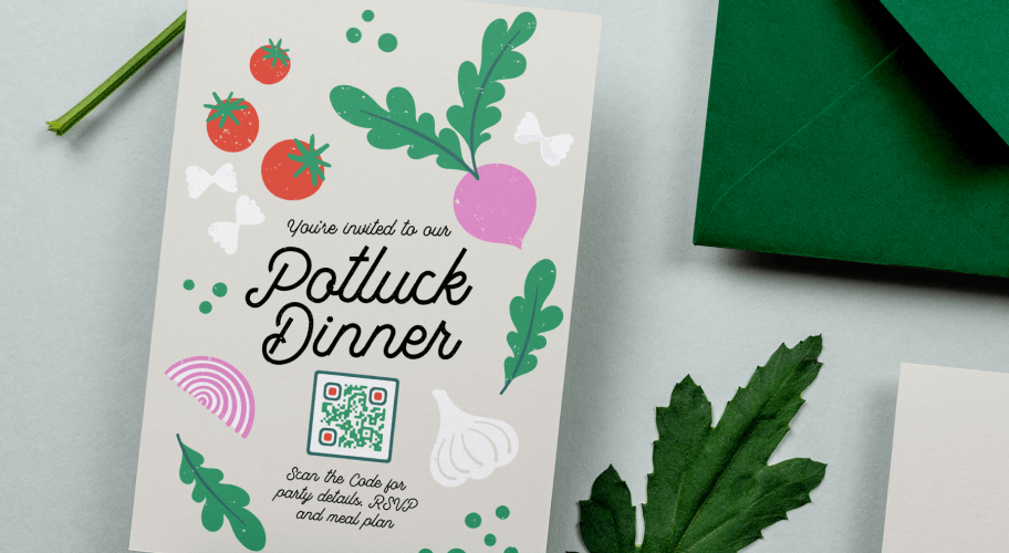 Une invitation à un repas-partage. Le code QR fournit plus de détails et permet aux invité·es de confirmer leur présence.