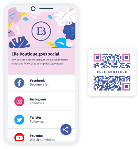 Page de destination d’un code QR Médias sociaux affichant toutes les chaînes de médias sociaux