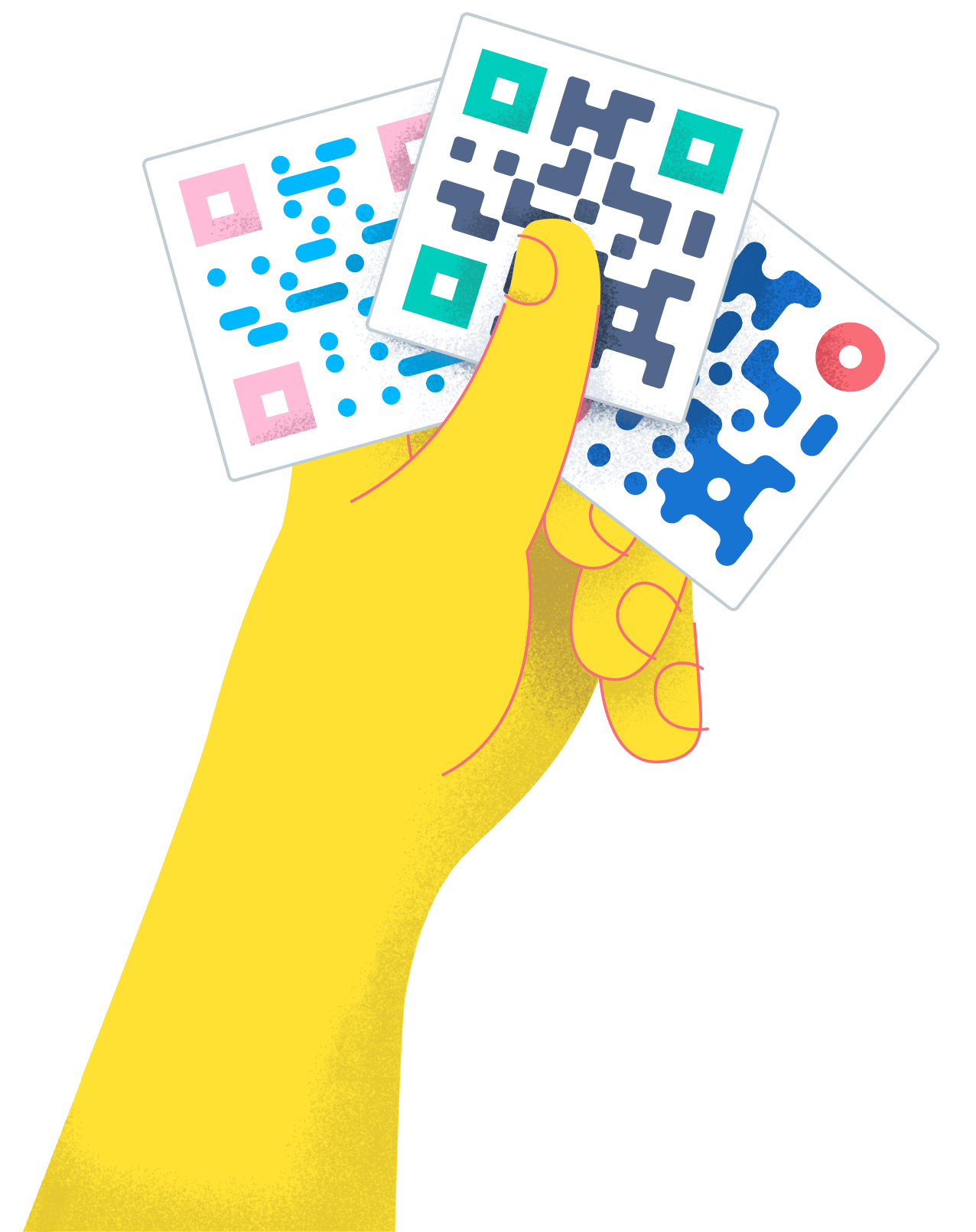 Illustration d’une main tenant trois codes QR personnalisés