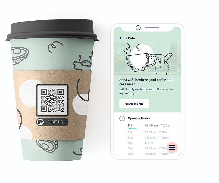 Idée de code QR sur une tasse de café avec page de destination vers les informations détailées de l’entreprise