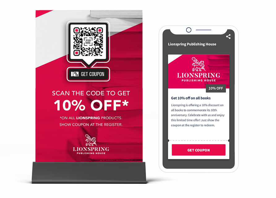 Idée de code QR sur du matériel promotionnel avec page de destination vers un bon de réduction et son code.