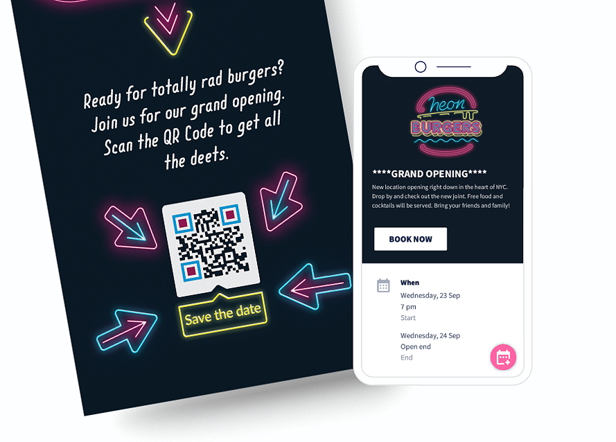 Idée de code QR sur un flyer avec page de destination vers les informations détaillées d’un événement avec bouton pour sauvegarder sur le calendrier