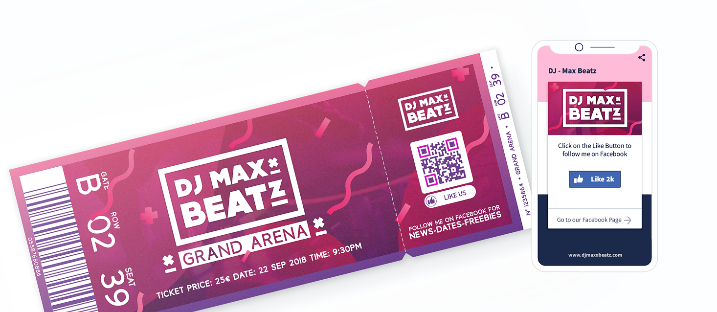 Idée de code QR sur un ticket avec page de destination vers un bouton Facebook «&nbsp;J’aime&nbsp;»