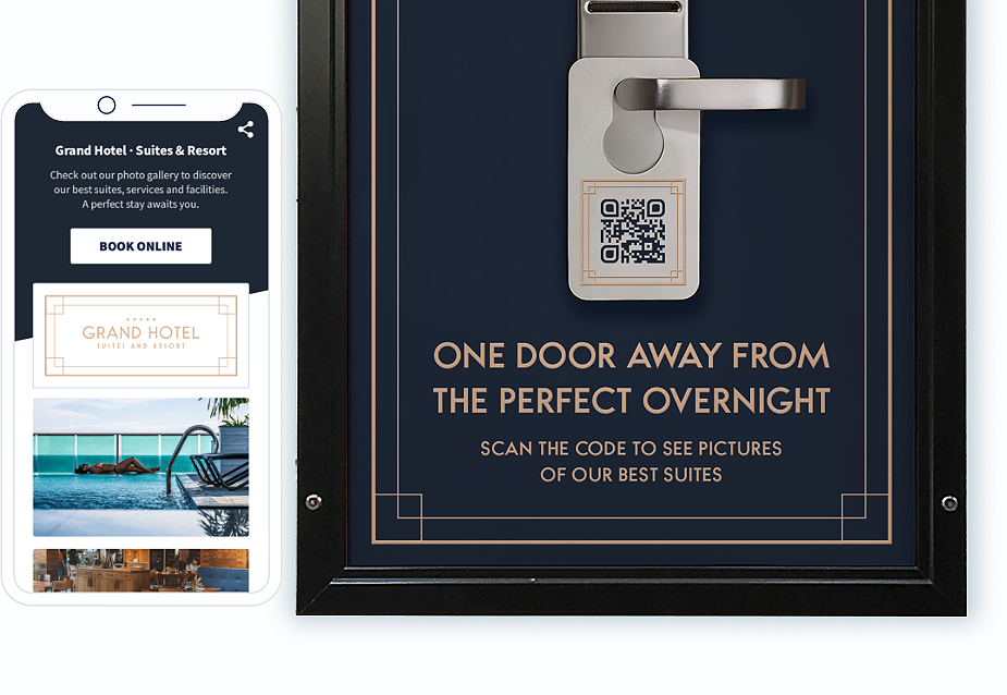 Idée de code QR sur la carte-clé d’un hôtel avec page de destination vers une sélection d’images en une seule page