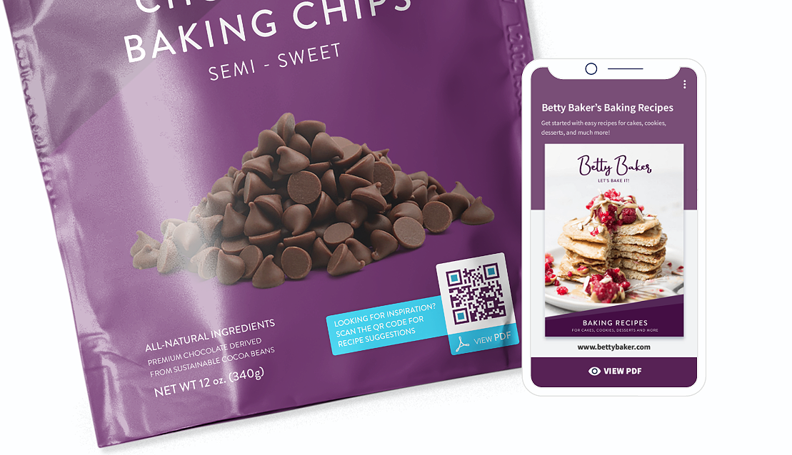 Idée de code QR sur un emballage de produit de grande consommation avec page de destination vers un fichier PDF à télécharger