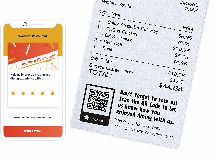 Idée de code QR sur un ticket de caisse avec page de destination vers un formulaire d’évaluation clients