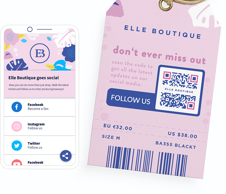 Idée de code QR sur l’étiquette d’un vêtement avec page de destination vers tous les profils sur les médias sociaux en une seule page
