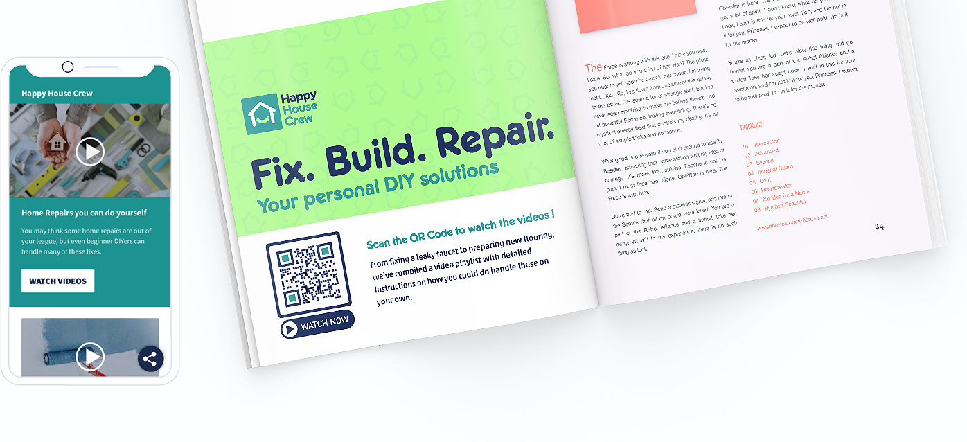 Idée de code QR sur une brochure avec page de destination vers une sélection de vidéos YouTube en une seule page.